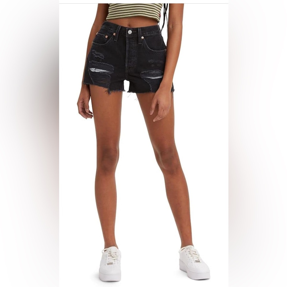 Levis 501 Black Denim Cut Off Women 33 Inseam High Rise fitted